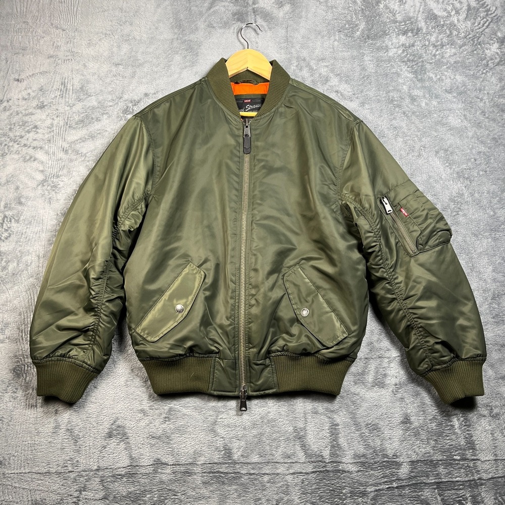 Levi's MA-1 Bomber Jacket Men Small Olive Green Quilt Lined Relaxed Fit Full Zip
